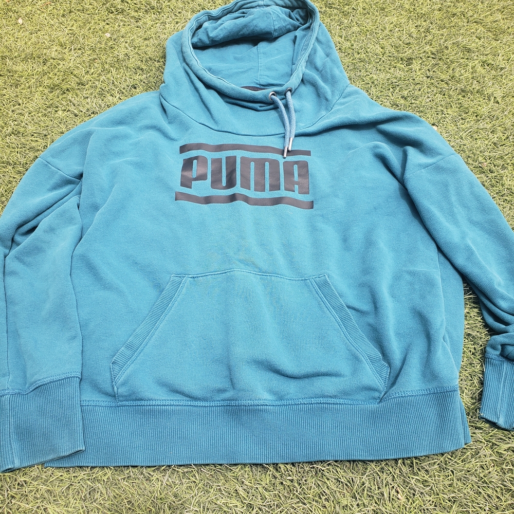 Woman's Puma size L Cowl Neck Pullover Hoodie Sweater Teal Long Sleeve